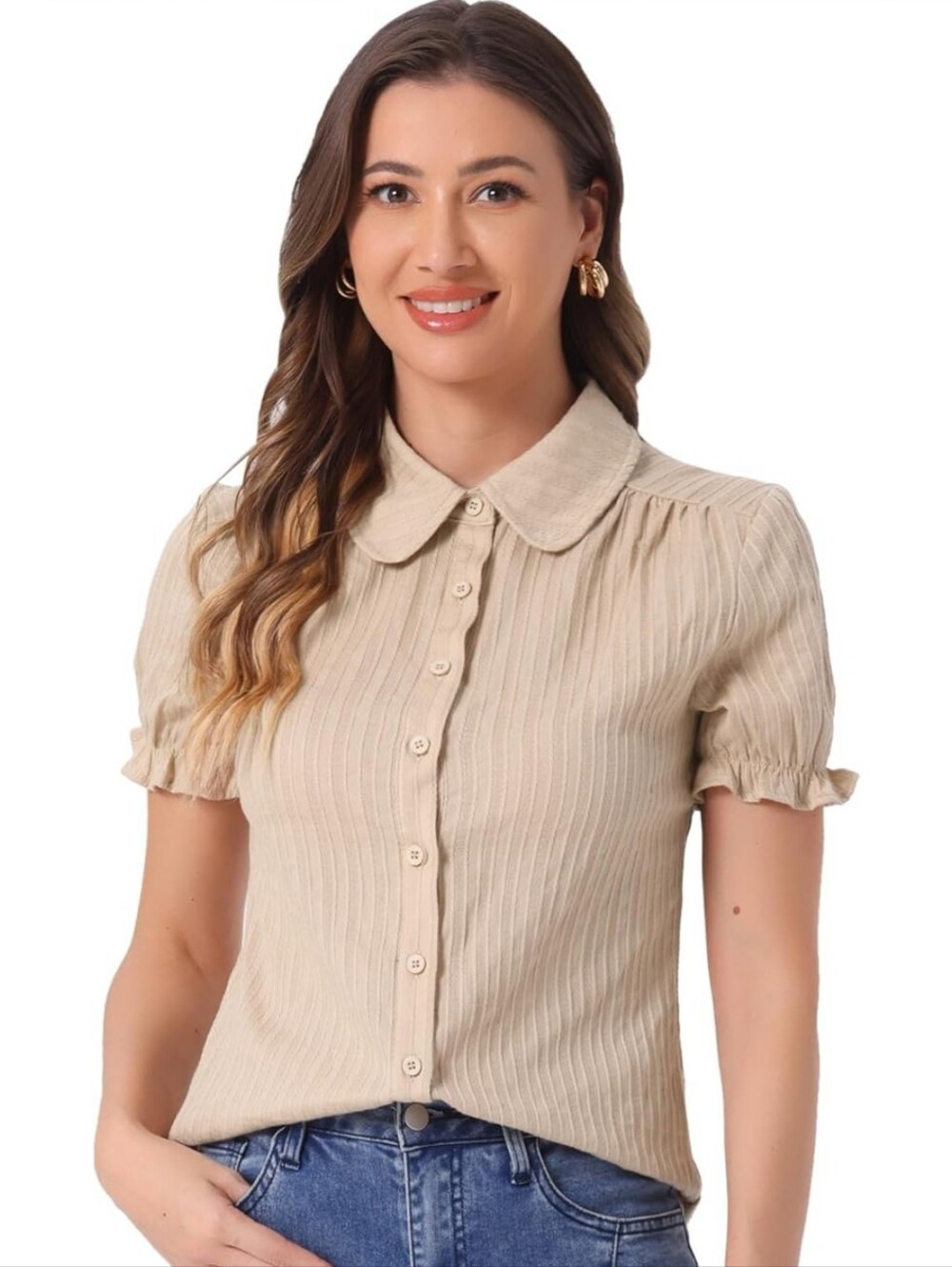Allegra K Neutral Beige Short-Sleeve Button Front Shirt